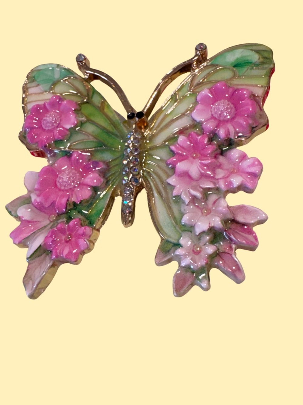 Floral Butterfly Brooch - Pink & Green Enamel with Rhinestones